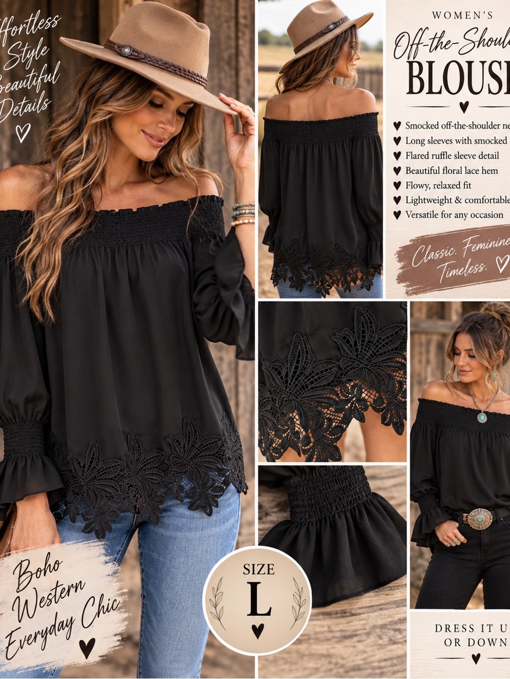 Peck & Peck Black Off-the-Shoulder Blouse with Lace Hem